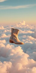 Elegant boots float gracefully over a soft, pastel cloudscape,  dreamscape,  peaceful