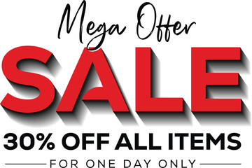Mega Offer Sale Banner, 30 Percent Off Discount Promotion, Red and White Typography Design, Modern Shopping Advertisement Template for Retail or Ecommerce Marketing