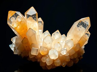 Geological crystal cluster formations, shimmering facets and geometric shapes, natural light reflections,  vibrant,  raw