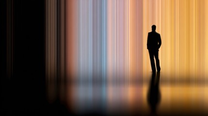 Obraz premium Silhouette of a person against vertical color streaks, with reflection