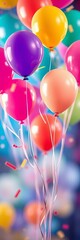 Festive balloons float and dance against a vibrant, blurred background, suggesting celebration and joy,  dynamic,  birthday