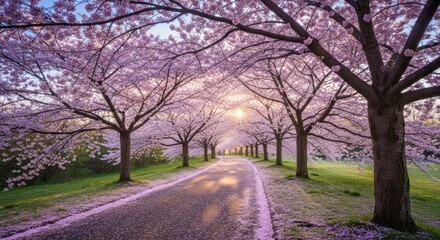Cherry Blossom Tunnel: Serene Path Lined with Pink Blossoms, Sunlight.