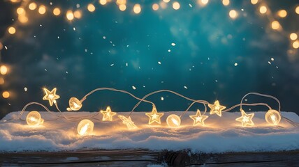 Festive starshaped fairy lights nestled in snow on a wooden surface, with a bokeh background
