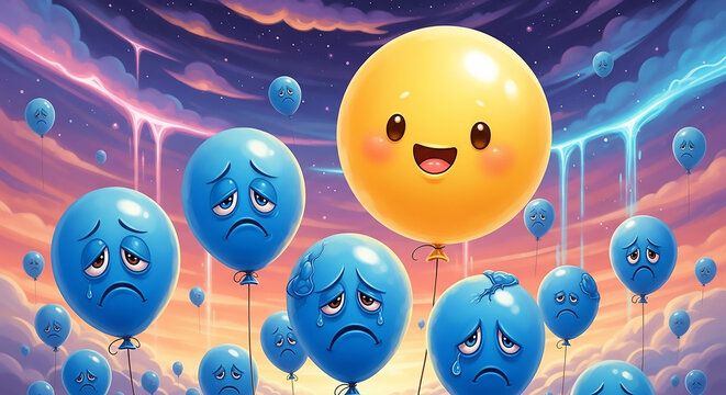 A group of sad blue balloons with frowny faces surrounds a cheerful yellow balloon with a smiling face against a vibrant sunset sky.