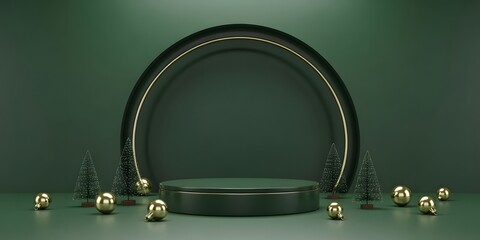 Elegant dark green display podium with gold trim and festive ornaments, ideal for seasonal promotions