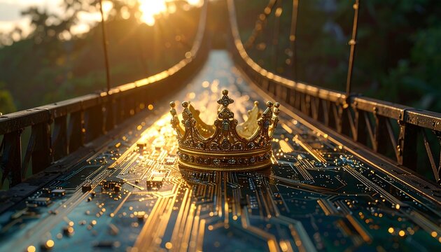 A golden crown rests on a tech bridge, bathed in warm sunset