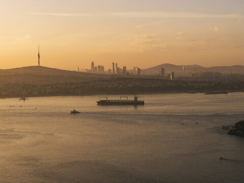 Cargo Ship in Bosphorus at Sunset