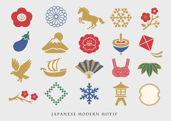 Obraz na płótnie Canvas 冬の風物詩の和モダンアイコンセット（一富士二鷹三茄子、午年、お正月モチーフ）