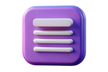 3d rendered list icon, purple and white ui element, menu button, options, settings, interface, app design isolated on transparent background