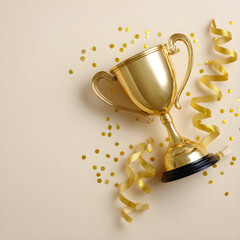 Golden Trophy Success Celebration with Confetti and Ribbons for Achievement Awards Event
