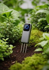 Smart device measuring soil  device with a black screen displaying technology is held in a hand amidst a garden for wireless communication
