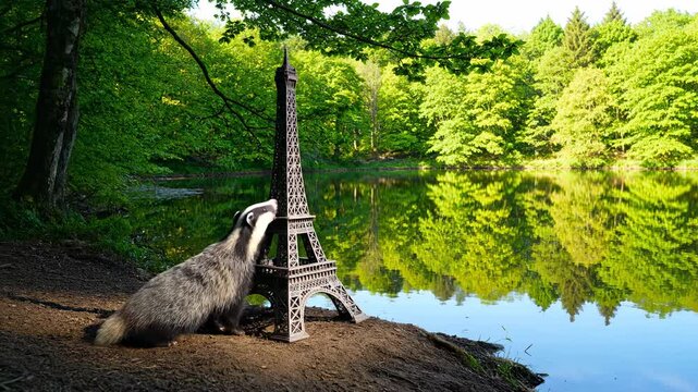 A badger beside a miniature tower with a lake and forest reflecting