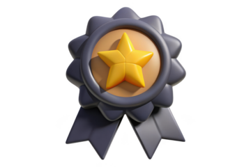 3d rendered achievement badge with golden star and gray ribbon, award medal icon, game asset isolated on transparent background