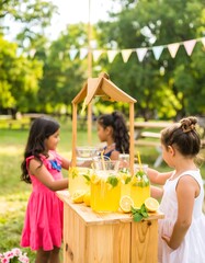 Girls at lemonade stand in park