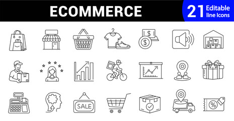 Shopping outline Icon set. Editable line style icons for e commerce, delivery, service and online store. Vector Illustration.