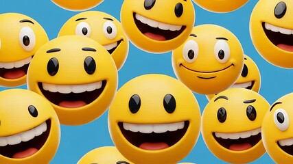 Animated background of happy emoji faces moving and rotating with a clean blue background ideal - Powered by Adobe