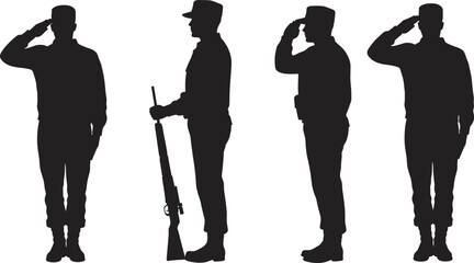 Military salute silhouettes, soldier icons, uniformed figures, rifle posture, front view, side view, back view, black design, patriotic stance, discipline