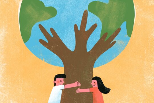 Couple Hugging Tree with Earth as Canopy &mdash; Save the Planet Concept