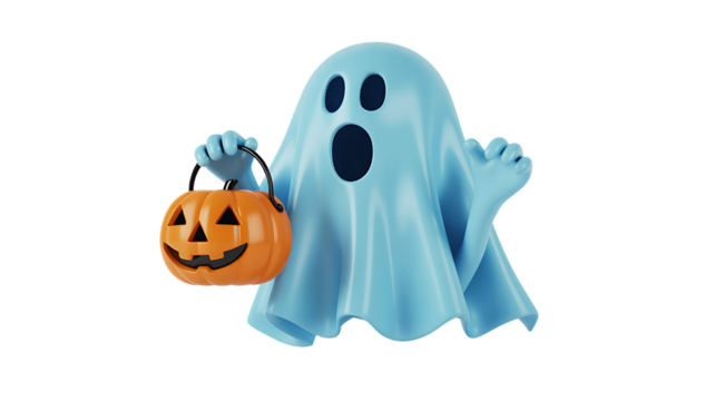 Ghost holding pumpkin jack o lantern trick or treat spooky season isolated on transparent background