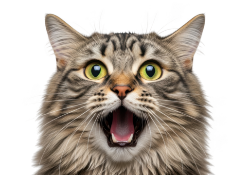 Surprised tabby cat face close up portrait with open mouth feline expression animal pet isolated on transparent background