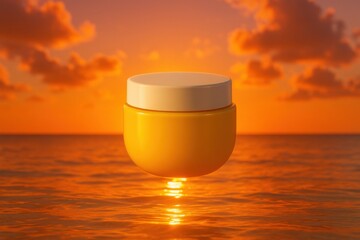 Golden Hour Skincare: An elegant cream jar floats serenely above the ocean, reflecting the warm hues of the setting sun, promising a moment of tranquil self-care amidst the beauty of nature.