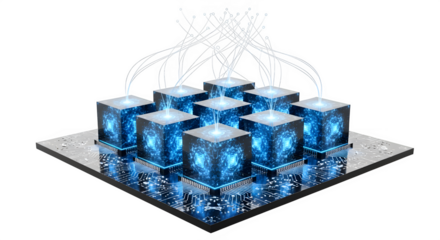 Abstract glowing blue cubes arranged in a grid with digital connections isolated on transparent background