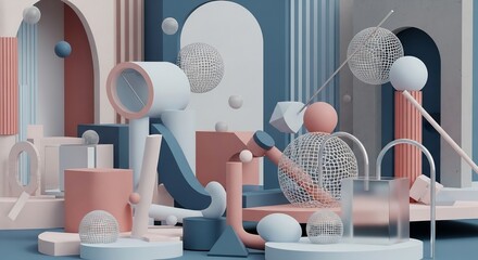 Surreal 3D abstract scene or product display featuring various geometric shapes, including arches, cylinders, pedestals, and textured disco-style wire spheres, in soft pastel colors like pink, blue
