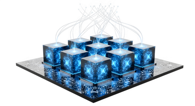 Abstract glowing blue cubes arranged in a grid with digital connections isolated on transparent background - Powered by Adobe