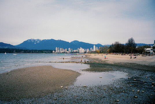 Kitsilano beach in Vancouver city with view of downtown 