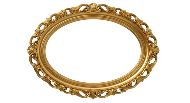 Ornate oval golden picture frame, isolated on transparent background