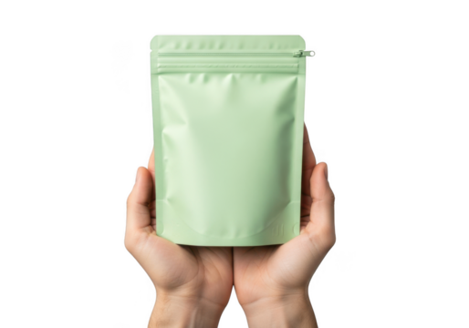 Mockup of hands holding a light green stand up pouch with zipper, packaging template for food products, coffee, tea, isolated on transparent background