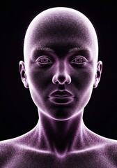 Wide angle view of Digital face made of particles forming into a human shape