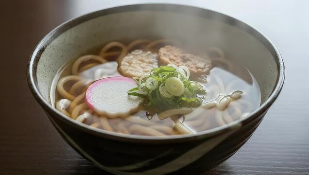 Steaming Udon Noodle Soup with Fish Cake and Green Onions in Ceramic Bowl