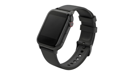 A black smartwatch with a dark leather strap is displayed on a transparent background, showcasing its modern design