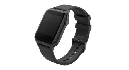 A black smartwatch with a dark leather strap is displayed on a transparent background, showcasing its modern design