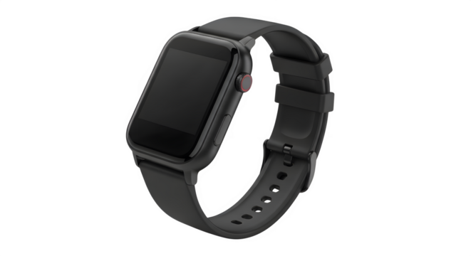 A black smartwatch with a dark leather strap is displayed on a transparent background, showcasing its modern design