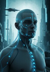 Futuristic cyber  human helmet with dark reflections, blending human features and robot technology in a science fiction android aesthetic