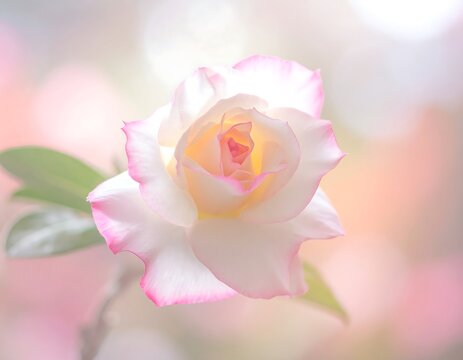 Delicate rose with white petals edged in pink, soft focus background