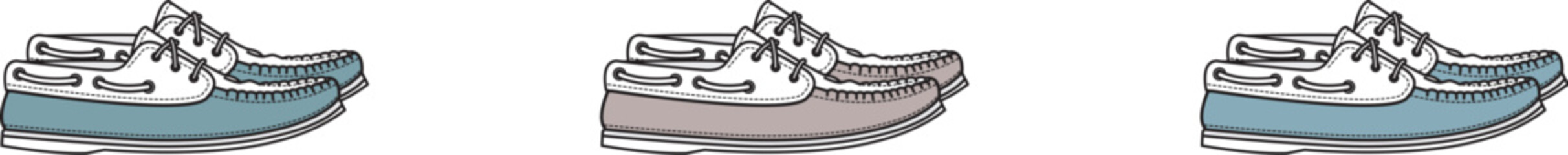 An appealing array of illustrated boat shoes in various hues, embodying comfortable casual footwear and a relaxed, classic maritime fashion aesthetic