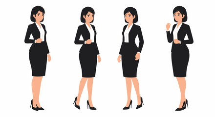 Obraz premium Four identical illustrations of a professional businesswoman in a black suit and white shirt, standing in various confident poses.