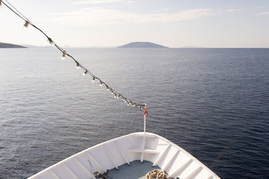 Boat prow sailing on the Mediterranean Sea in Greece