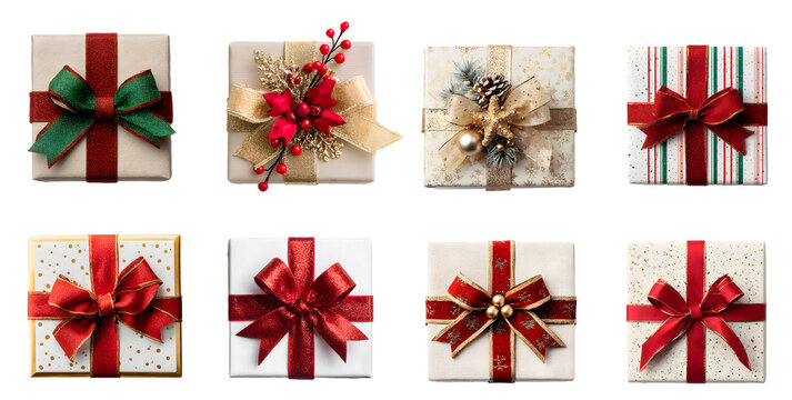 Elegant Christmas gift boxes with ribbons and decorations isolated on transparent PNG background