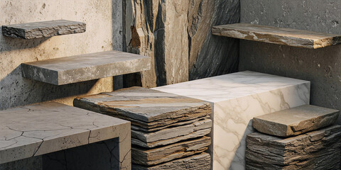 Geometric composition of various textured materials, including stacked layers of rough slate, smooth white marble, and concrete blocks, used as minimalist product display platforms.