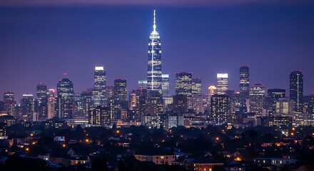 Stunning Night View of a Modern City Skyline with Illuminated Skyscrapers and a Prominent Tower.