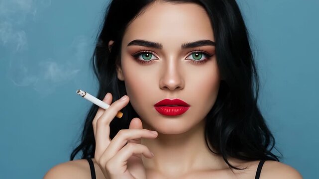 Elegant woman with red lipstick, brunette, smoking a cigarette on a blue background