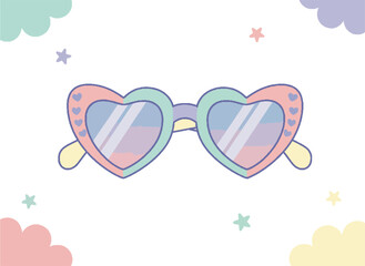 Cute pastel heart-shaped sunglasses with a rainbow color palette on a dreamy background with clouds and stars, vector illustration for Y2K aesthetic