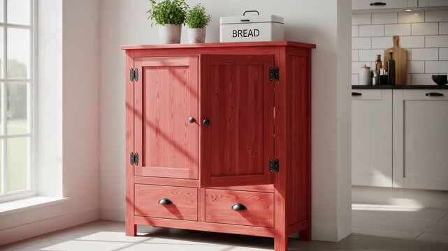 A red wooden cabinet with a breadbox and plants on top, in a kitchen setting