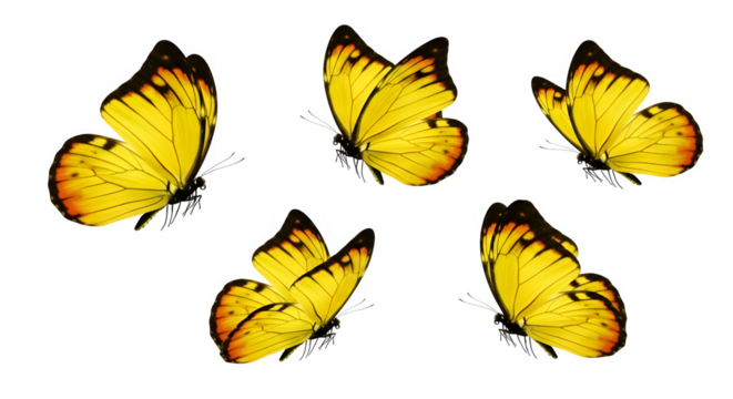 Five yellow butterflies with black markings flying, isolated on transparent background