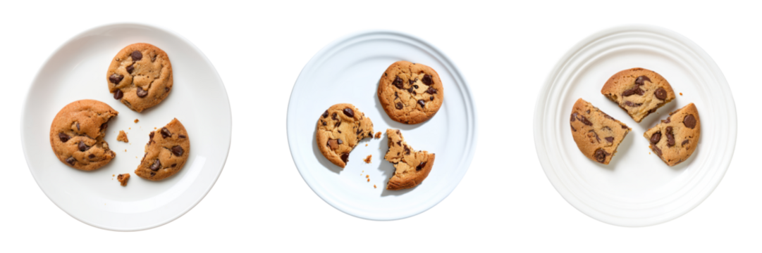 Delicious chocolate chip cookies on white plates transparent background studio shot