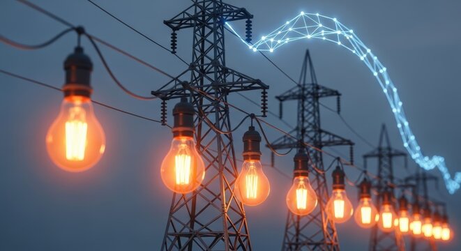 Illuminated bulbs hanging from power lines with a blue network overlay at dusk in a conceptual image - Powered by Adobe